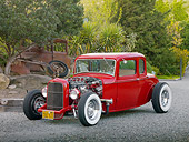 AUT 26 RK3017 01
1932 Ford 5 Window Coupe Red 3/4 Front View On Gravel By Trees