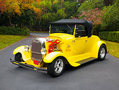 AUT 26 RK1215 01
1929 Ford Hot Rod Yellow Convertible 3/4 Front View On Pavement By Trees