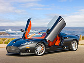 AUT 44 RK0105 01
2009 Spyker C8 Aileron Gray 3/4 Front View On Pavement By Ocean
