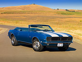 CAM 01 RK0136 01
1968 Chevrolet Camaro Z-28 RS Convertible Le Mans Blue White Stripe 3/4 Front View On Pavement