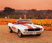 CAM 03 RK0026 07
1969 Chevrolet Camaro Convertible Pace Car White With Hugger Orange Stripes 3/4 Front View At Pumpkin Patch