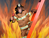 CHI 03 RK0306 01
Chimpanzee Climbing Ladder Wearing Fireman's Outfit Holding Hose