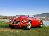 FRR 03 RK0119 01
1950 Ferrari 166 MM Touring  Barchetta Red Front 3/4 View On Grass By Water Mountains Sky