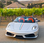 FRR 08 RK0133 01
2009 Ferrari F430 16M Scuderia Spider Silver Front View On Pavement By Vineyard