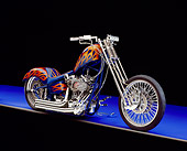 MOT 04 RK0127 06
2005 Fine Line, Chopper, Blue With Flames 3/4 Side View On Purple Floor Studio