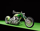 MOT 04 RK0168 05
2006 Redneck Engineering Low Curves Chopper Silver And Green 3/4 Front View On Green Floor Studio