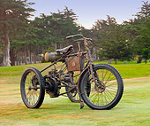 MOT 05 BK0001 01
1899 Peugeot Trike Brown 3/4 Front View On Grass By Trees