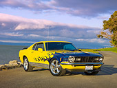MST 01 RK1166 01
1971 Ford Mustang Mach 1 Yellow With Flames 3/4 Front View On Pavement By Ocean