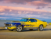 MST 01 RK1168 01
1971 Ford Mustang Mach 1 Yellow With Flames 3/4 Front View On Pavement By Ocean