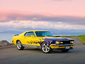MST 01 RK1170 01
1971 Ford Mustang Mach 1 Yellow With Flames 3/4 Front View On Pavement By Ocean