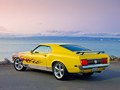 MST 01 RK1172 01
1971 Ford Mustang Mach 1 Yellow With Flames 3/4 Rear View On Pavement By Ocean