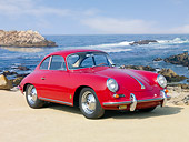 POR 04 BK0004 01
1962 Porsche 356B Coupe Red 3/4 Front View On Sand By Ocean