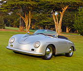 POR 06 BK0003 01
1957 Porsche 356 Speedster Convertible Silver 3/4 Front View On Grass By Trees