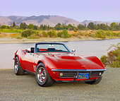 VET 03 RK0658 01
1969 Chevrolet Corvette 427 Convertible Red 3/4 Front View On Pavement By Lake