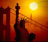 AMR 01 RK0003 01
Statue Of Liberty With  Bridge In Background Sunset