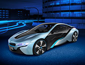 AUT 01 RK0350 01
BMW i8 Hybrid/Electric Blue And Black 3/4 Front View On Road By Building At Night