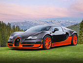 AUT 02 BK0001 01
2012 Bugatti Veyron SS Black And Orange 3/4 Front View On Grass By Snowy Mountains