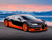 AUT 02 BK0002 01
2012 Bugatti Veyron SS Black And Orange 3/4 Front View On Pavement By Water And Snowy Mountains