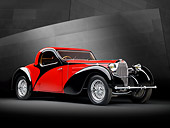AUT 02 RK0144 01
1937 Bugatti Type 57 S Atalante Coupe Red And Black 3/4 Front View In Studio By Metal Wall