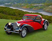 AUT 02 RK0145 01
1937 Bugatti Type 57 S Atalante Coupe Red And Black 3/4 Front View On Grass Overlooking River