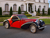 AUT 02 RK0147 01
1937 Bugatti Type 57 S Atalante Coupe Red And Black 3/4 Side View On Pavement By Mansion