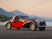 AUT 02 RK0148 01
1937 Bugatti Type 57 S Atalante Coupe Red And Black 3/4 Side View On Pavement By Lake At Dusk