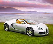 AUT 02 RK0106 01
2008 Bugatti Veyron 16.4 Grand Sport Roadster Silver 3/4 Front View On Grass By Ocean