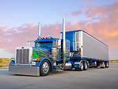 AUT 07 BK0001 01
2007 Peterbilt 379 Big Rig Blue With Green Flames 3/4 Front View On Pavement By Sunset