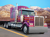 AUT 07 BK0005 01
Western Star Big Rig Purple With Red Stripes 3/4 Front View On Road By Mountains