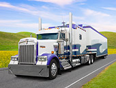 AUT 07 BK0009 01
1999 Kenworth W900 Big Rig White And Purple 3/4 Front View On Road By Grassy Hills
