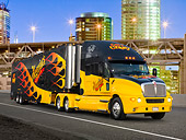 AUT 07 RK0054 01
2005 Kenworth T2000 Big Rig Black With Flames 3/4 Front View On Road In City At Night