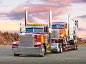 AUT 07 RK0078 01
2000 Peterbilt 379 And 2001 Peterbilt 357 Mixer Dark Rose Metallic 3/4 Front View On Pavement By Red Rock