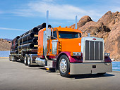 AUT 07 RK0128 01
2006 Peterbilt 379 Semi Burnt Orange And Purple 3/4 Front View On Pavement By Water And Boulders