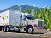 AUT 07 RK0141 01
2006 Peterbilt 379 Silver 3/4 Front View On Road By Evergreen Trees