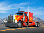 AUT 07 RK0161 01
1981 Peterbilt 359 Red With Yellow Flames 3/4 Front View On Road By Mountains