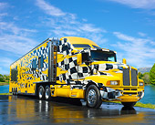AUT 07 RK0171 01
1996 Kenworth T-600 Yellow And Checkered 3/4 Front View On Wet Pavement By Water