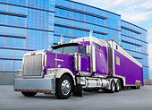 AUT 07 RK0181 01
Western Star Big Rig Purple 3/4 Front View On Pavement By Glass Building
