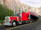 AUT 07 RK0188 01
1987 Peterbilt 359 Red 3/4 Front View On Road By Rocky Cliffside