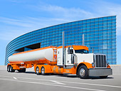 AUT 07 RK0197 01
2012 Peterbilt 389 With Tanker Orange And White 3/4 Front View On Pavement By Glass Building