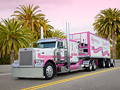 AUT 07 RK0209 01
2006 Peterbilt 379 Pink And White 3/4 Front View On Road By Palm Trees At Dusk