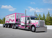 AUT 07 RK0210 01
2006 Peterbilt 379 Pink And White 3/4 Front View On Pavement By Evergreen Trees