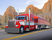 AUT 07 RK0211 01
2005 Peterbilt 379 Red And White With Matching Trailer 3/4 Front View On Road In Desert