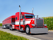 AUT 07 RK0213 01
2005 Peterbilt 379 Red And White With Matching Trailer 3/4 Front View On Road By Cornfields