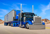AUT 07 RK0227 01
1999 Peterbilt 379 Blue And Black 3/4 Front View On Road In Desert