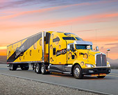 AUT 07 RK0257 01
2010 Kenworth T660 With Trailer Yellow 3/4 Front View On Road At Sunset