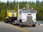 AUT 07 RK0276 01
1984 Freightliner Cab Over White With 1957 Freightliner WF-64 Yellow On Trailer 3/4 Front View On Road By Trees