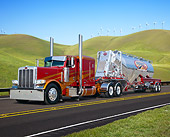 AUT 07 RK0317 01
1986 Peterbilt 359 Maroon And Gold 3/4 Front View On Road By Hills And Windmills