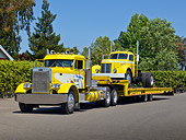 AUT 07 RK0369 01
1958 Peterbilt 281 With 1948 GMC 900 Series Yellow And White On Trailer 3/4 Front View On Pavement By Shrubs