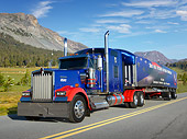 AUT 07 RK0392 01
2013 Kenworth W900 Blue And Red 3/4 Front View On Road By Mountains