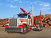 AUT 07 RK0398 01
2010 Peterbilt 389 Red And White 3/4 Front View On Gravel By Logs